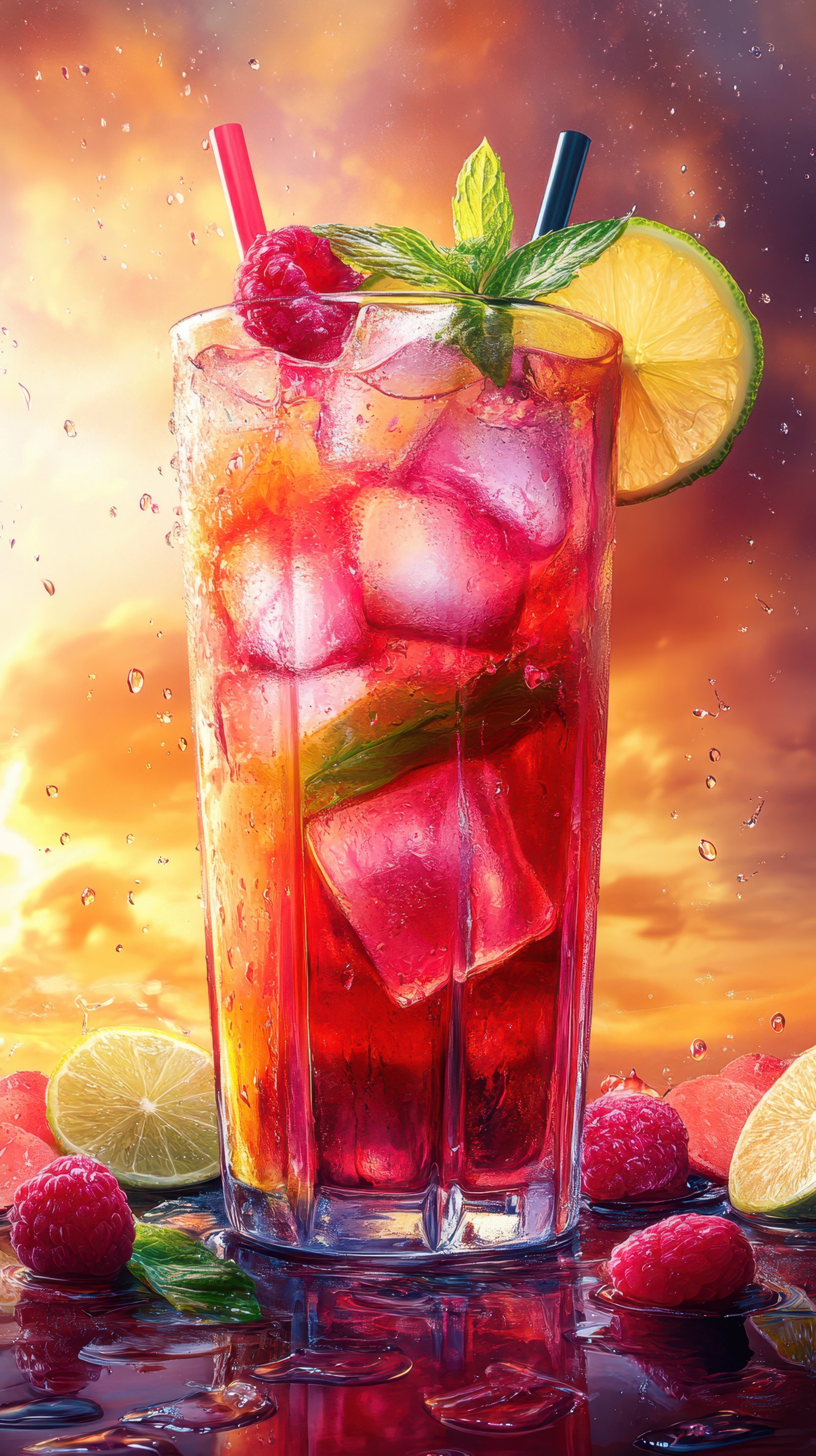 Refreshing summer beverage with raspberries and lime garnished against a vibrant sunset background